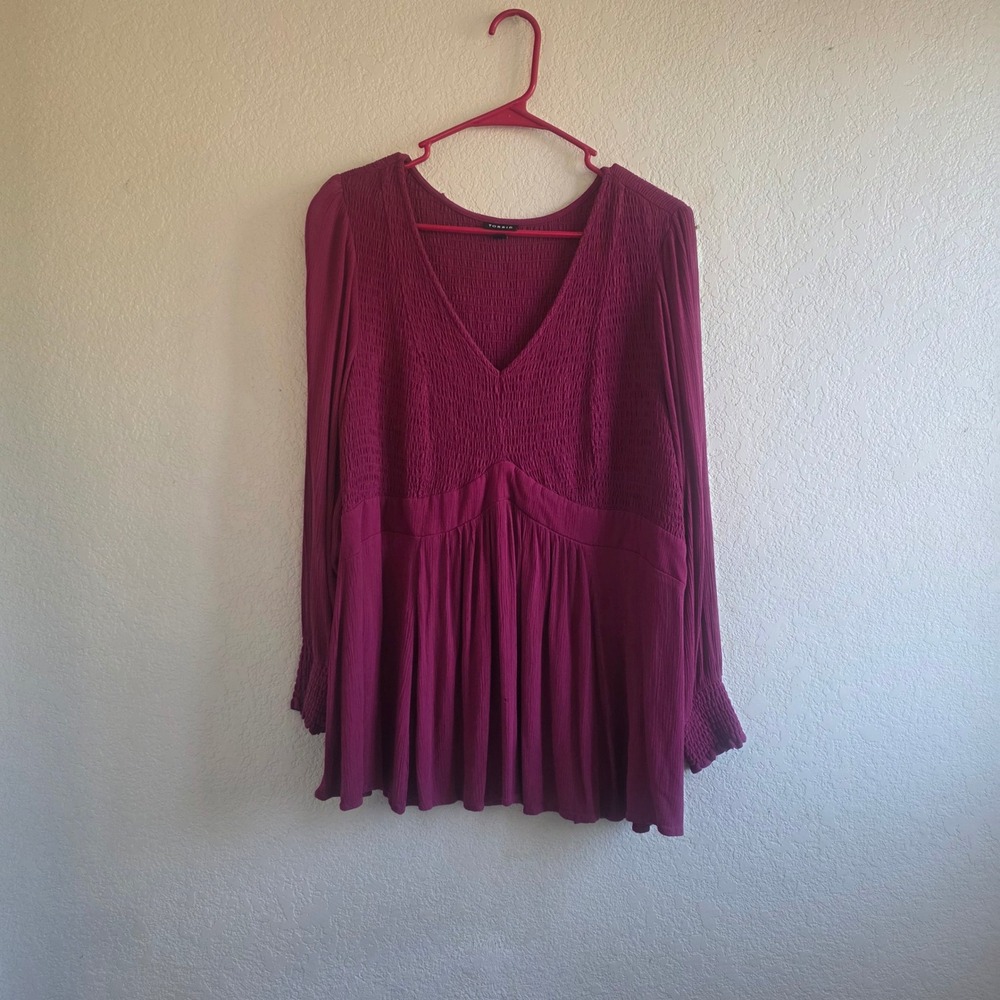 Torrid Magenta Smocked V-Neck Babydoll Tunic Top Long Sleeve Plus Size 2 2X